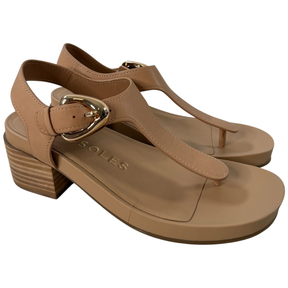 Aerosoles California Tan Leather T-Strap Block Heel Sandals Womens 9M Neutral
